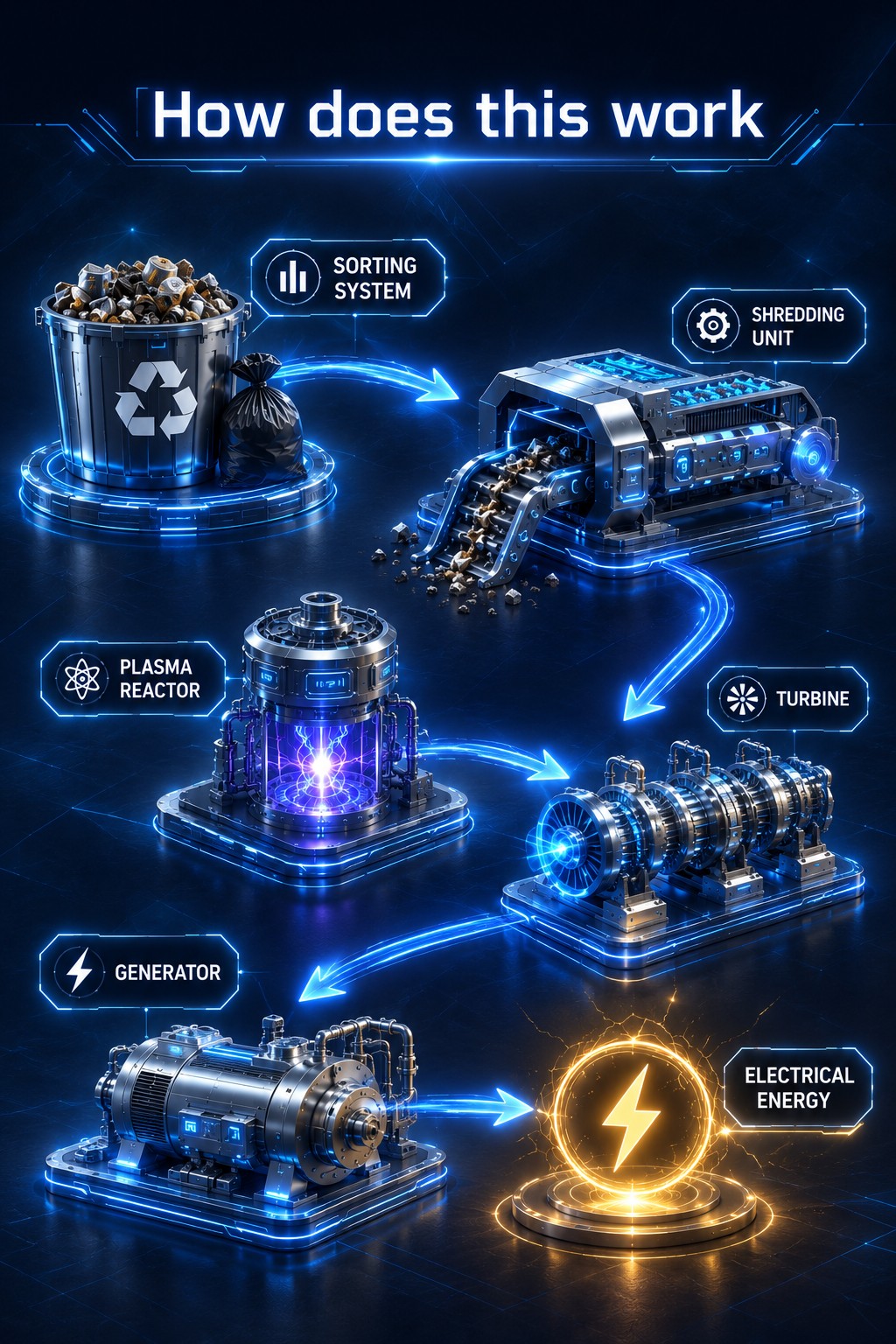 Diagram: how Aetherlution's process works — sorting system, shredding unit, plasma reactor, turbine, generator, electrical energy